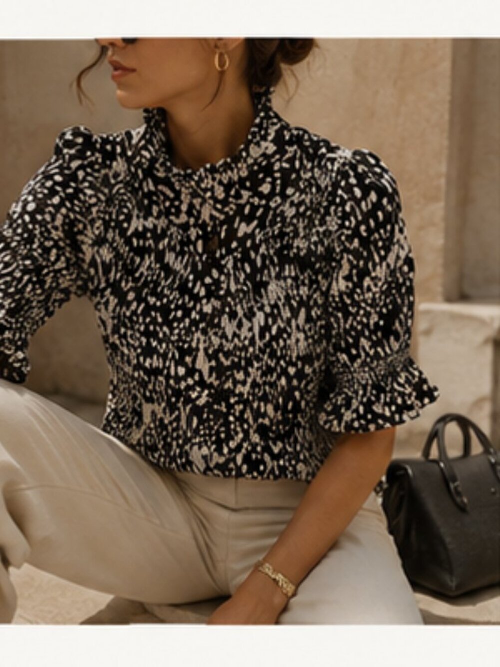 NWT Anthropologie Maeve Smocked Runway Collar Top Abstract Monochrome